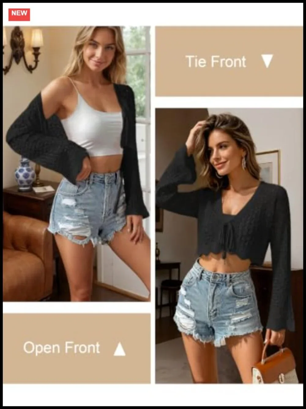 Crochet Tie Front Cropped Cardigan Bell Long Sleeve Knit Shrugs Beach Cover Up